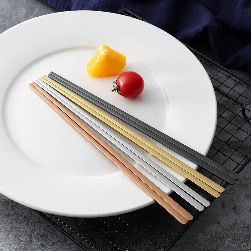 Color: Pink - 304 Stainless Steel Metal Chopsticks Tableware 1 Pair Non-Slip Chinese Chopstick Sushi Sticks Flatware Kitchen Accessories