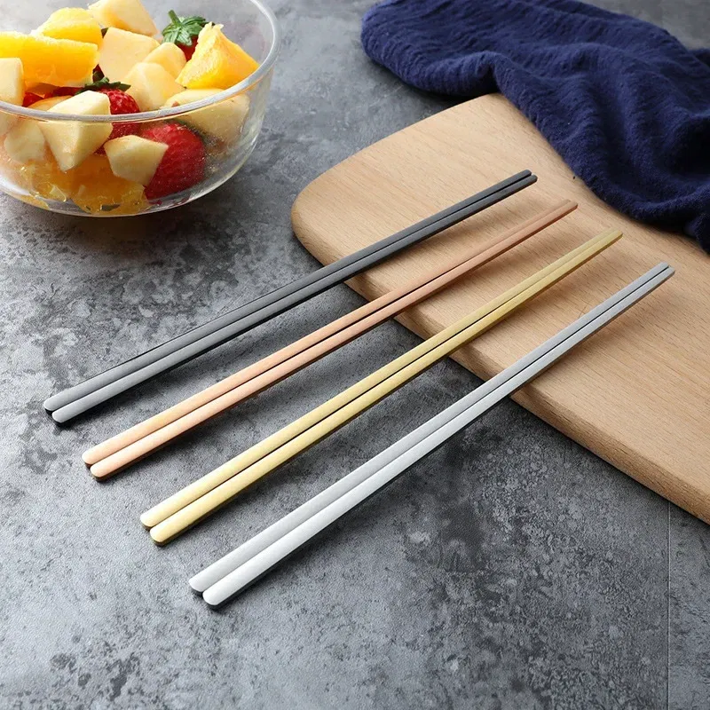 Color: Pink - 304 Stainless Steel Metal Chopsticks Tableware 1 Pair Non-Slip Chinese Chopstick Sushi Sticks Flatware Kitchen Accessories