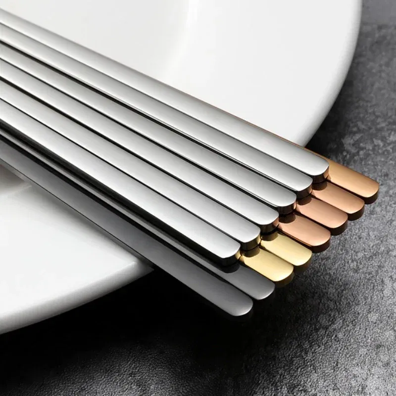 Color: Pink - 304 Stainless Steel Metal Chopsticks Tableware 1 Pair Non-Slip Chinese Chopstick Sushi Sticks Flatware Kitchen Accessories