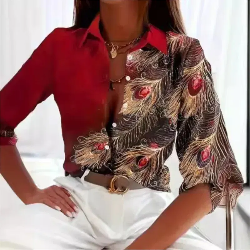 Color: Brown, Size: S - Fashionable Ladies Trendy Long Sleeved Shirt With Feather Gemstone Print Buttons Lapel Shirt Sleeves Autumn Elegant Ladies Shirt