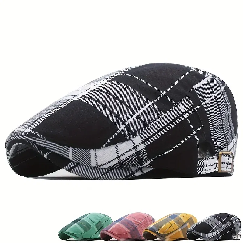 Color: Pink - Men's Plaid Pattern Flat Cap Newsboy Hat Women Beret Cabbie Gatsby Cap