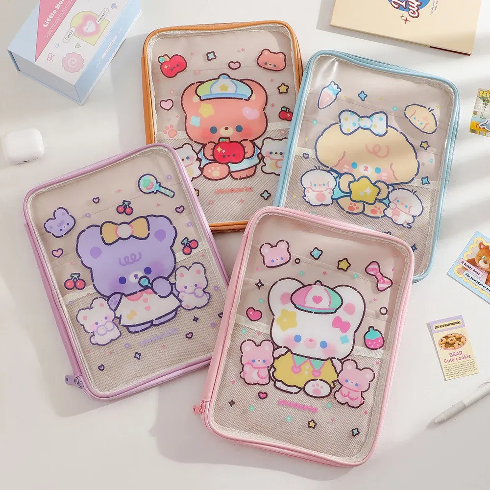 Color: Red - Cartoon PVC Stationary Organzier Pouch Big Capacity Storage Pens Eraser Students Pencil Bags