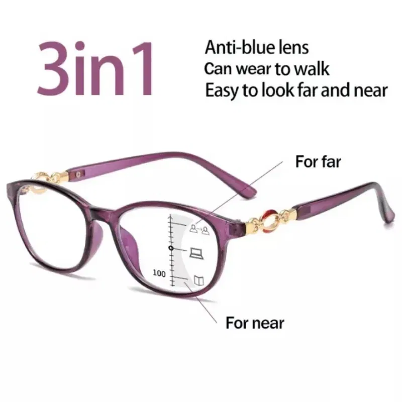 Frame Color: WHITE, Eye Prescription: +75 - FG New 3 in 1 Progressive Multifocal Reading Glasses Women Anti-blue Eyeglasses Easy To Look Far and Near +1.0 To +4.0