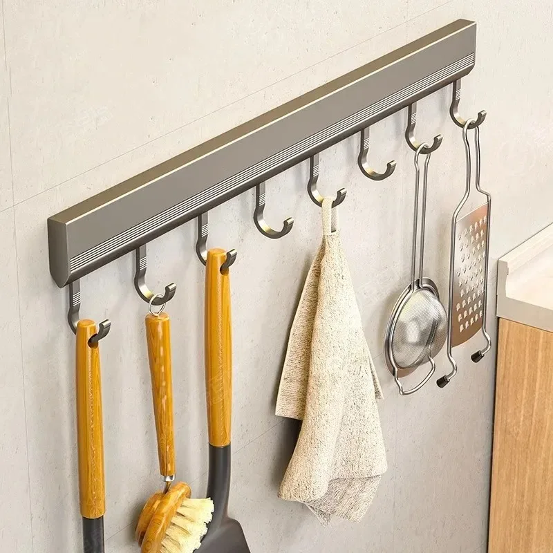 Color: Light Grey - Wall Mounted Hooks Rack Punch Free Kitchen Utensils Storage Row Hook Holder Bathroom Towel Robe Coat Hangers Multi-Purpose Hooks