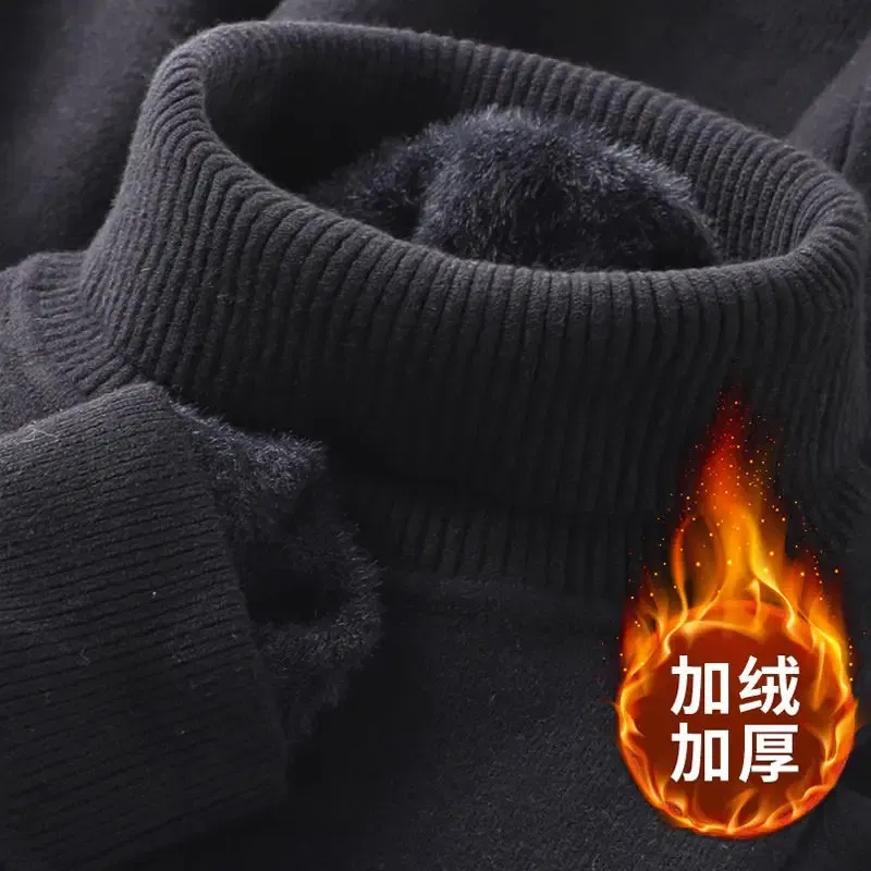 Color: SKY BLUE, Size: XXXL - Autumn Winter Men's Turtleneck Sweater Knitted Velvet Warm Long Sleeve Pullover Outdoor Cold-proof Casual Blouse Base Sweater