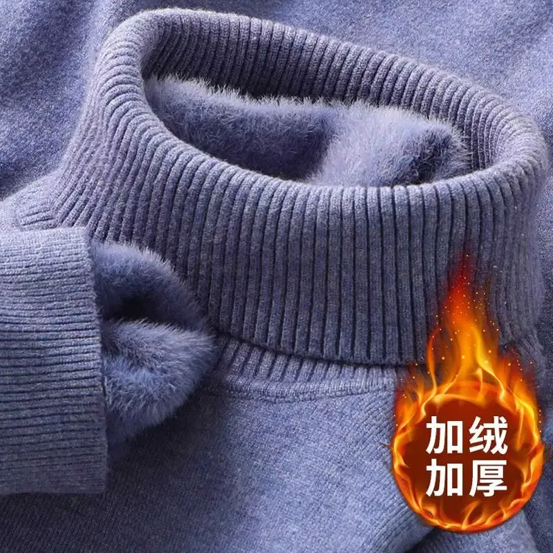 Color: SKY BLUE, Size: XXXL - Autumn Winter Men's Turtleneck Sweater Knitted Velvet Warm Long Sleeve Pullover Outdoor Cold-proof Casual Blouse Base Sweater