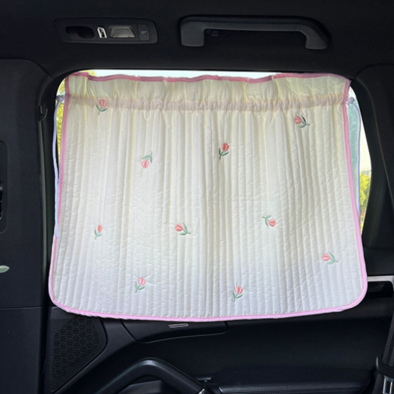 Color Name: Brown - Cute Cartoon Embroidered Thickened Cotton Baby Car Window Sunshade Cover UV Protection Suction Cup Installed Sliding Curtain
