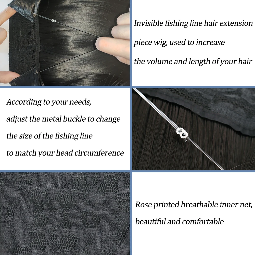 Color: #5, Stretched Length: 32inches, Ships From: CHINA - Synthetic Natural Wavy No Clip Fish Line Invisible Hair Extensions Mixed Color Blonde Black Artificial False Hair Piece ForWomen