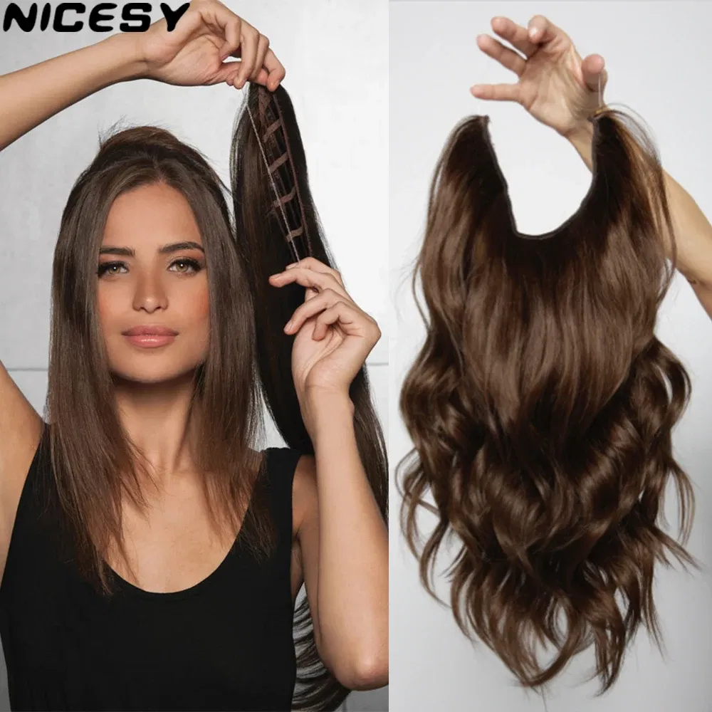 Color: #5, Stretched Length: 32inches, Ships From: CHINA - Synthetic Natural Wavy No Clip Fish Line Invisible Hair Extensions Mixed Color Blonde Black Artificial False Hair Piece ForWomen