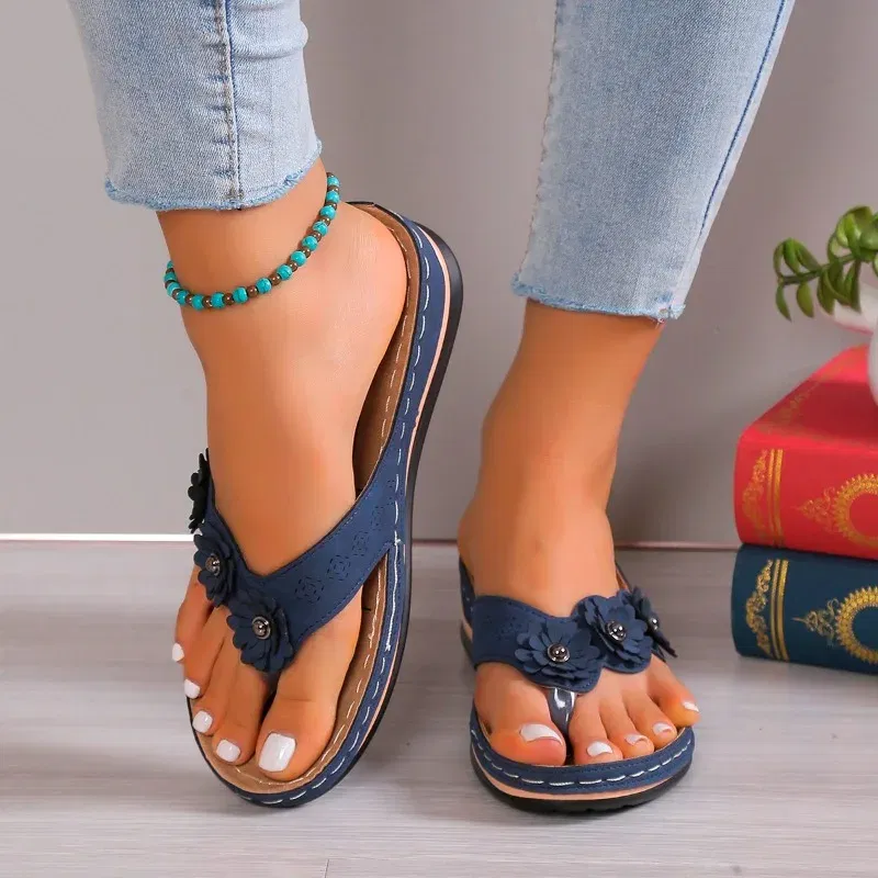 Color: Blue, Shoe Size: 41 - Clip Toe Summer Shoes Women's Slippers Sweet Three Flowers Platform Sandals Soft Casual Ladies Flip Flops 2024 ?‘осоно?¶ки ?–?µнски?µ