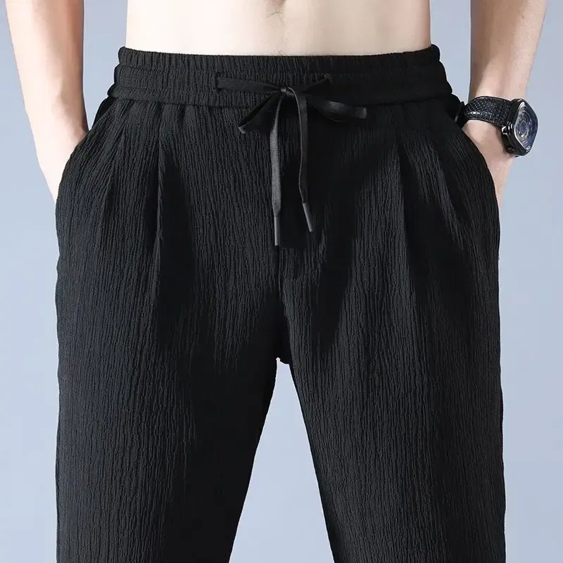 Color: GRAY, Size: 4XL - Summer Ice Silk Man Jogger Linen Pants Casual Wide Summer Sweatpants Male Spring Lightweight Halking Harem Trousers