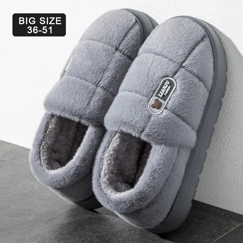 Color: Red, Shoe Size: 48-49 - Men's slippers Winter Solid Color Wrap Heels Plush Slippers Non-slip Warm Women Men Home Casual Cotton Shoes Big Size 50 51
