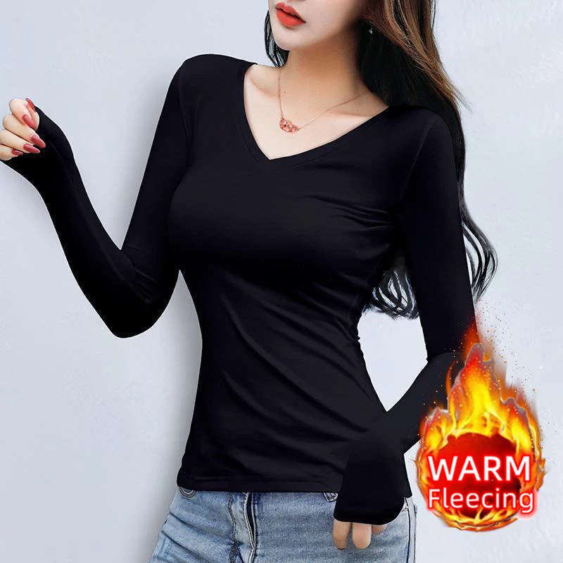 Color: Brown, Size: XXL - O Neck Long Sleeve Fleeceing Heating Fiber Thermal Basic T-Shirts Women Winter Bottoming Cropped Tops Casual Skinny All-match