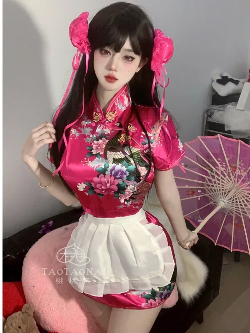 Size: S, Color: Blue - Sweet Chinese Cheongsam New Soft Girl Maid Cos Dress Elegant Pure Desire Girl Fashion Mini Dress Short Sleeve 2024 New 7AQF