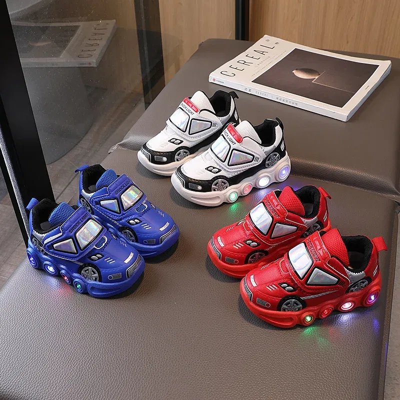 Color: Red, Shoe Size: 24 - Diseny Kids'Casual Shoes Led Light Car Club Cartoon PU Leather Spring Shoes For Children Anti-slip Red Blue Shoes Size 21-30