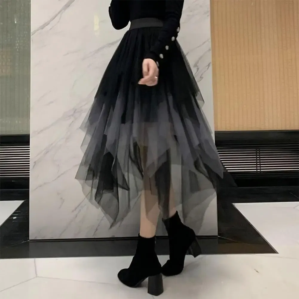 Color: WHITE, Size: S - 2025 Irregular Mesh Women Skirt High Elastic Waist Colorful Mesh Multi-layered Soft Mid-calf Length Pleated Women Midi Skirt
