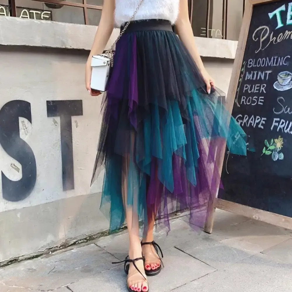 Color: WHITE, Size: S - 2025 Irregular Mesh Women Skirt High Elastic Waist Colorful Mesh Multi-layered Soft Mid-calf Length Pleated Women Midi Skirt