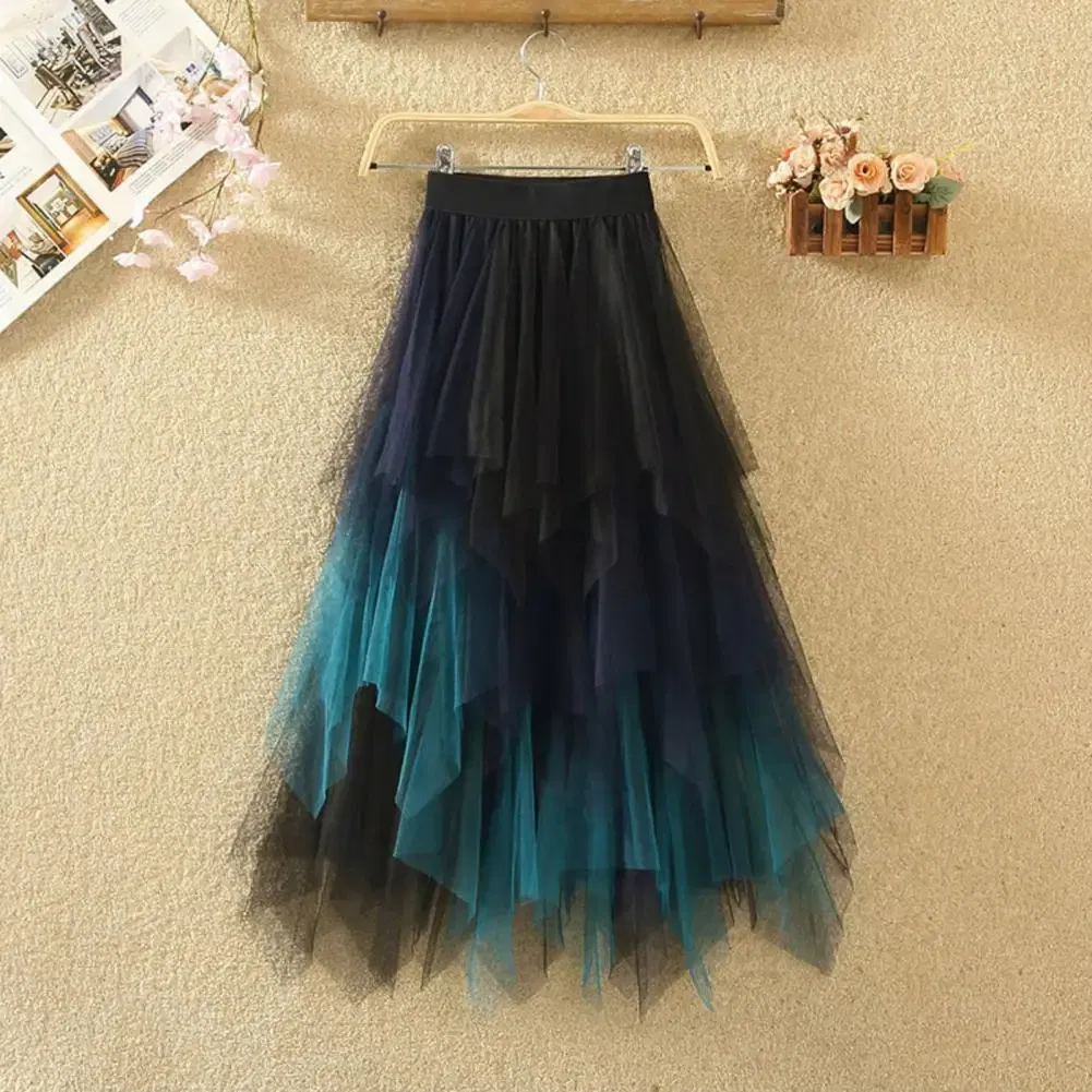 Color: WHITE, Size: S - 2025 Irregular Mesh Women Skirt High Elastic Waist Colorful Mesh Multi-layered Soft Mid-calf Length Pleated Women Midi Skirt