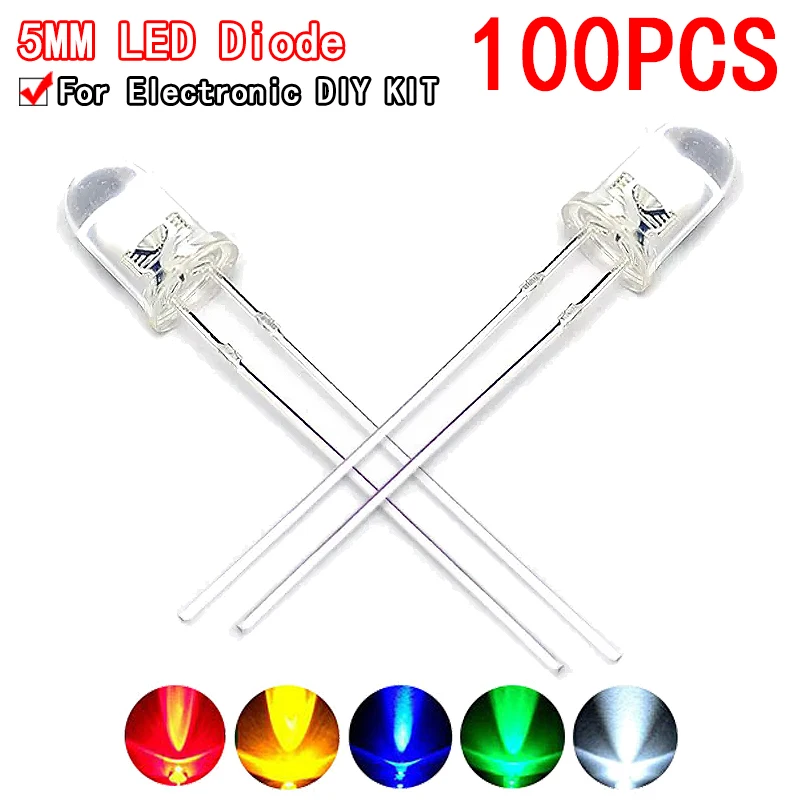 Color: Silver - 100pcs High quality Transparent Round 5mm Super Bright Water Clear Green Red White Yellow Blue Light LED Bulbs Emitting Diode