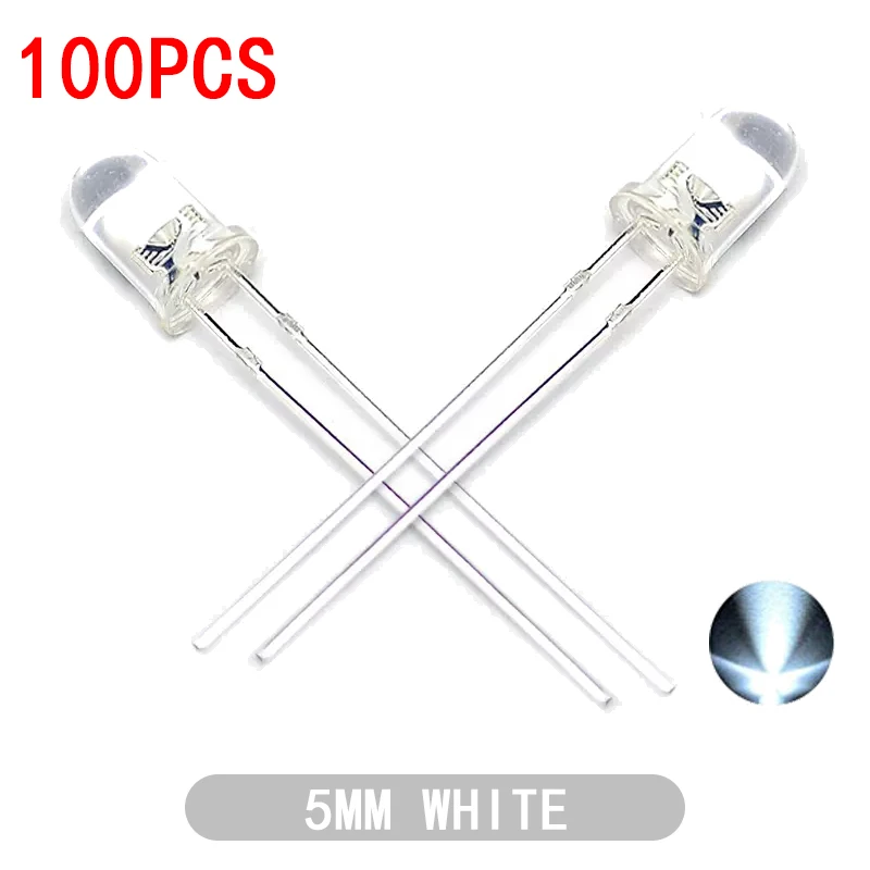 Color: Silver - 100pcs High quality Transparent Round 5mm Super Bright Water Clear Green Red White Yellow Blue Light LED Bulbs Emitting Diode