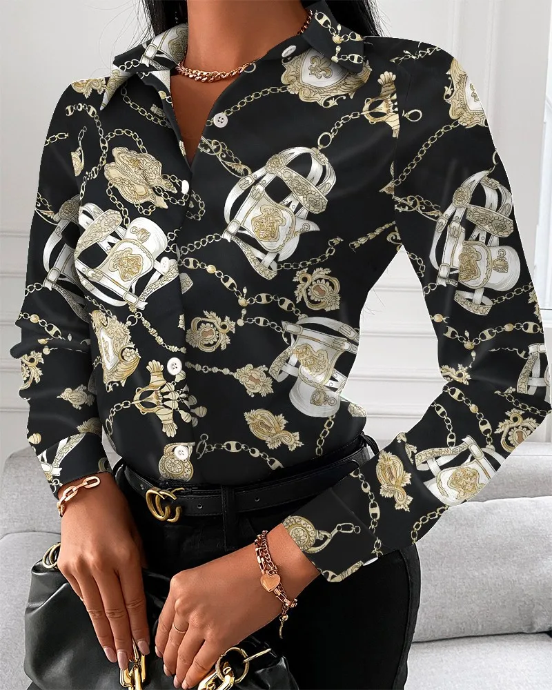 Color: Yellow, Size: M - Women Fashion Wild Shirts Chain/Floral/Letter/Geometric Square Print Turn-Down Collar Long Sleeve Blouses