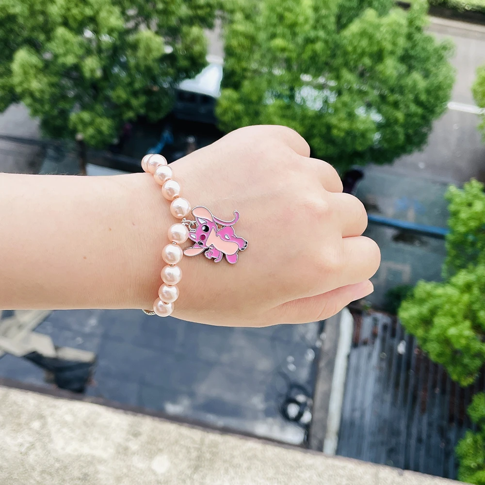Metal Color: Light Yellow Gold Color, Ships From: CHINA - Disney Stitch Jewelry Cartoon Film Lilo & Stitch Pearl Bracelet for Women Cute Stitch Luxurious Charms Bangle for Girl Gifts