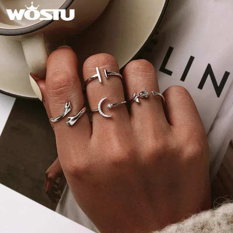 Gem Color: PURPLE, Ships From: CHINA - WOSTU Real 925 Sterling Silver Open Ring Finger Adjustable Size Wedding Rings For Women Engagement Fashion Silver Jewelry Gift