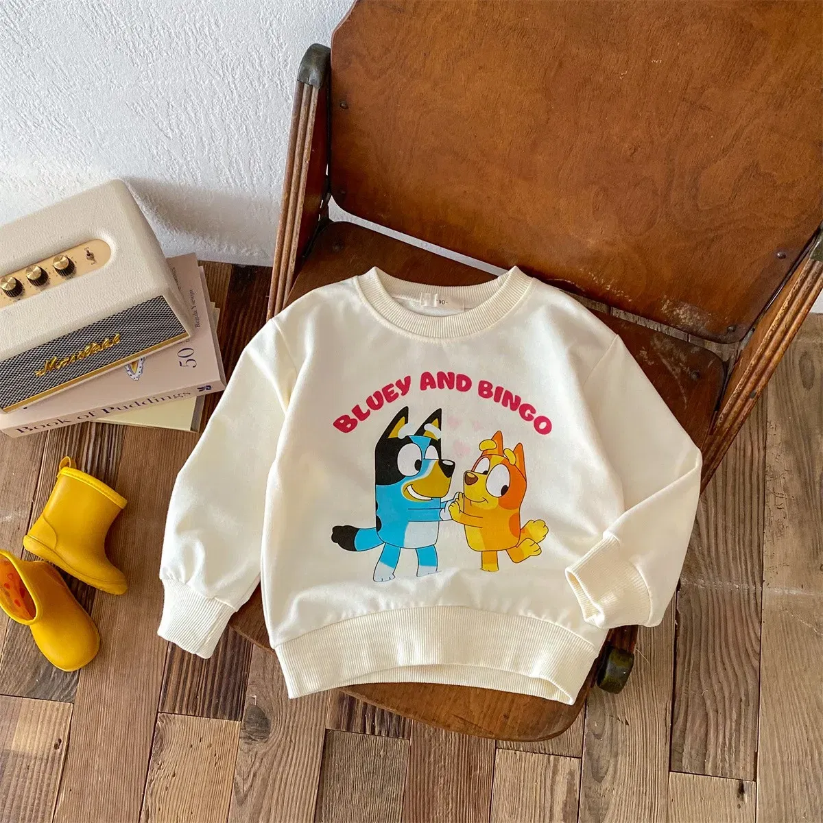 Color: Beige, Kid Size: 4T - Fashion Cartoon Printed Children Hoodies Crewneck Baby Boys Girls Long Sleeve Tops Loose Disney Kids Clothing Autumn Sweatshirts