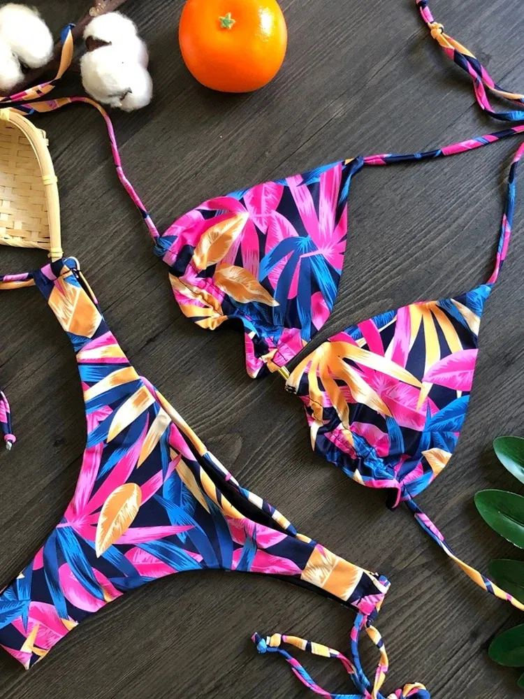 Color: black, Size: L - RUOTONGSEPT Sexy Micro Bikinis Set 2022 New Swimsuit Women Feather Print Bandage Swimwear Female Bathing Suit Brazilian Biquinis