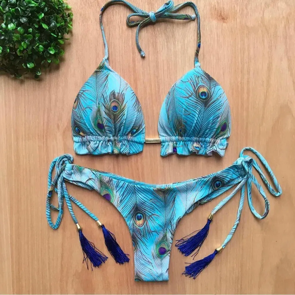 Color: black, Size: L - RUOTONGSEPT Sexy Micro Bikinis Set 2022 New Swimsuit Women Feather Print Bandage Swimwear Female Bathing Suit Brazilian Biquinis