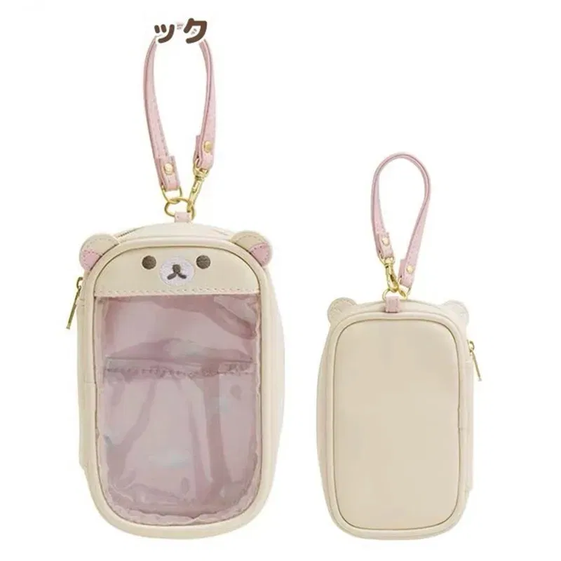 Color: Beige - Cute Rilakkuma Korilakkuma Bear Children Transparency PU Coin Purse Key Bag Card ID Holder Small Wallets For Women