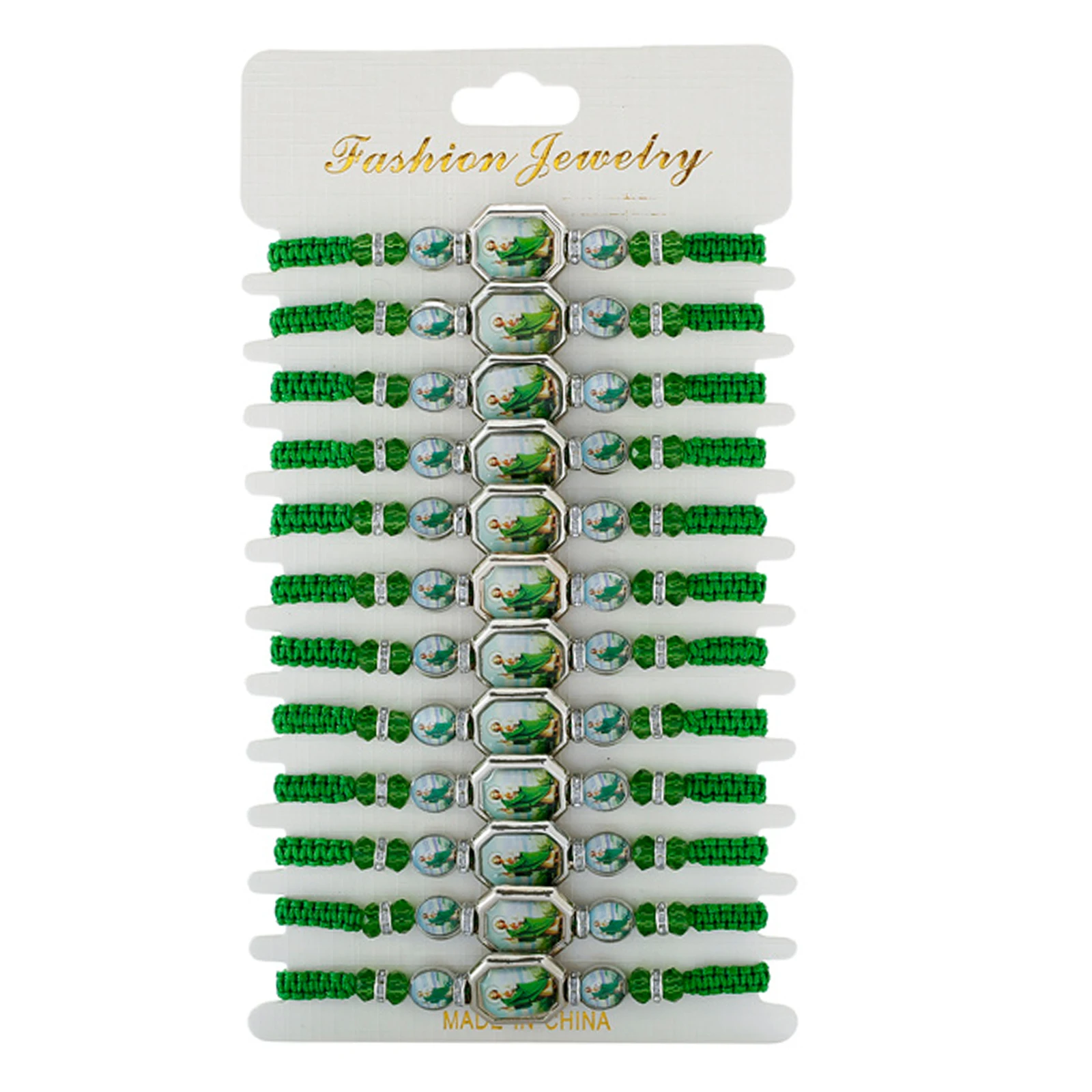Metal Color: Light Yellow Gold Color - 12 Pieces Mexican Bracelets Saint Jude Bracelet Catholic Green Handmade String Bracelets San Judas Tadeo Rosary Bracelet Gift