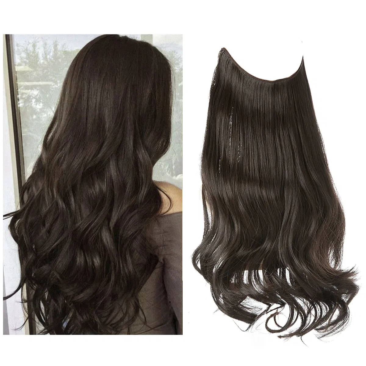 Color: T1B/4/30, Stretched Length: 14inches - Synthetic No Clip Wave Hair Extensions Ombre Natural Black Blonde Pink One Piece False Hairpiece Fish Line Fake Hair Piece