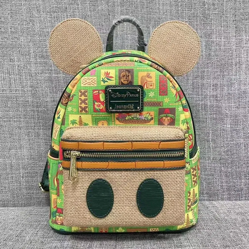 Color: Fluorescent Green - Disney Tinker Bell Women Double Strap Shoulder Bag Purse Cute Disney Princess Belle PU Leather Mickey Ariel Backpack