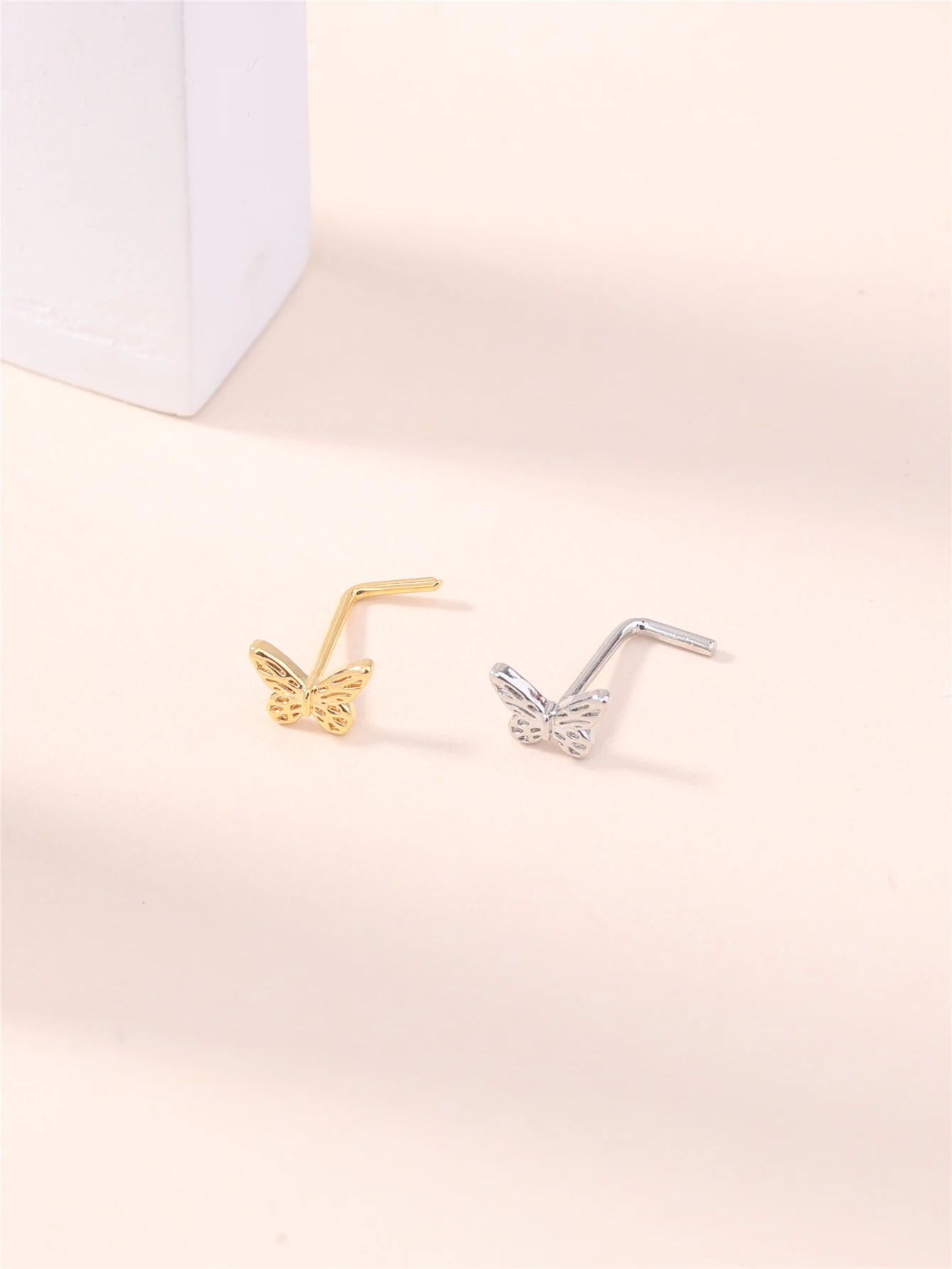 Metal color: Silver - 20G L Shaped Nose Studs Simple Mini Butterfly Design Gold Silver Color Nose Piercing for Women Girl Nostril Jewelry