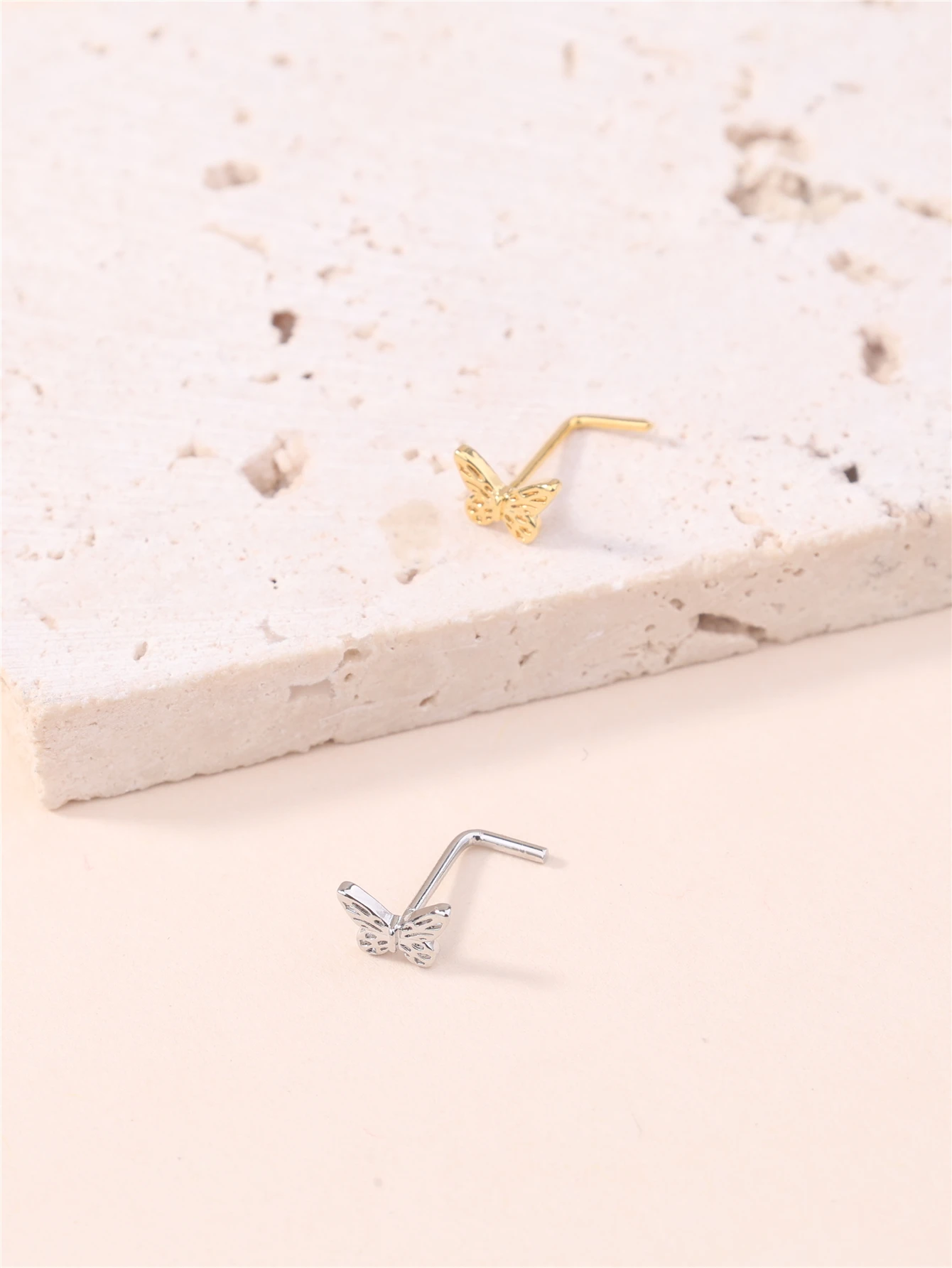 Metal color: Silver - 20G L Shaped Nose Studs Simple Mini Butterfly Design Gold Silver Color Nose Piercing for Women Girl Nostril Jewelry