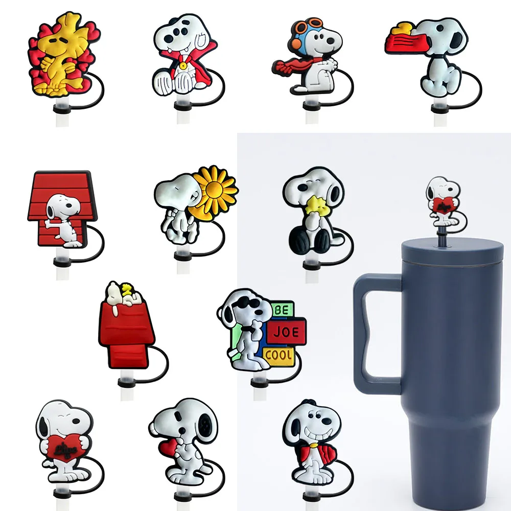 Color: Light Grey - 1-12PCS Cute  MINISO Snoopy Straw Cover Cap With 30&40Oz Cup10mm Straw Toppers Reusable Dust-Proof Straw Caps Cartoon Drink Stra