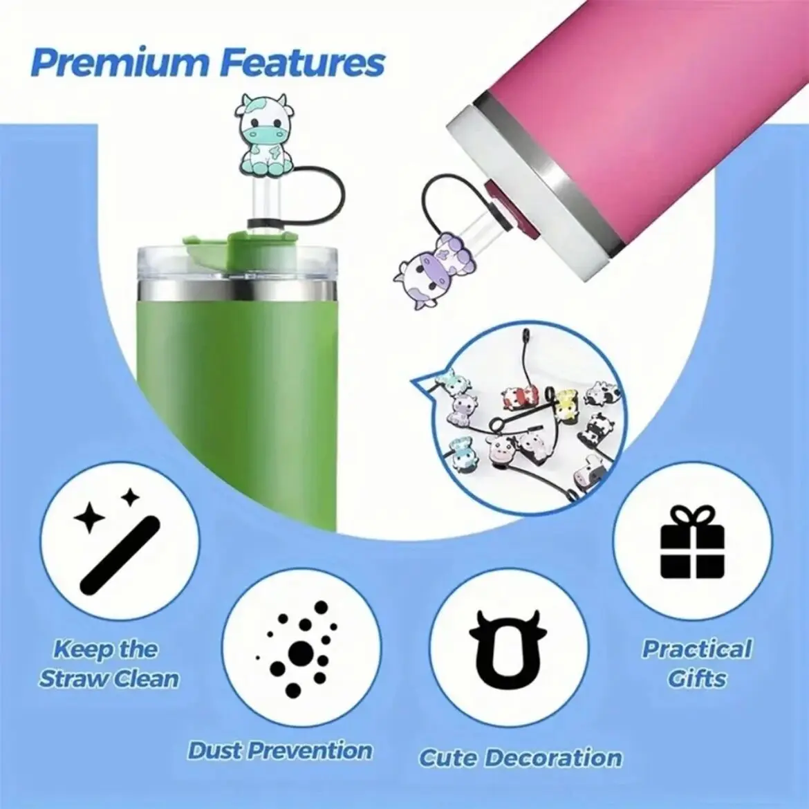 Color: Light Grey - 1-12PCS Cute  MINISO Snoopy Straw Cover Cap With 30&40Oz Cup10mm Straw Toppers Reusable Dust-Proof Straw Caps Cartoon Drink Stra