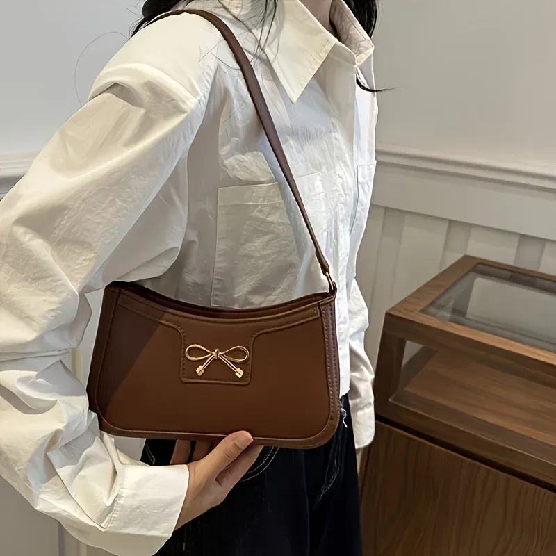 Color: Khaki - Solid Color Bowknot Shoulder Bag, Elegant Small Square Bag, Suitable for Women Handbags, Zipper Closure,Fashion Underarm Bag,