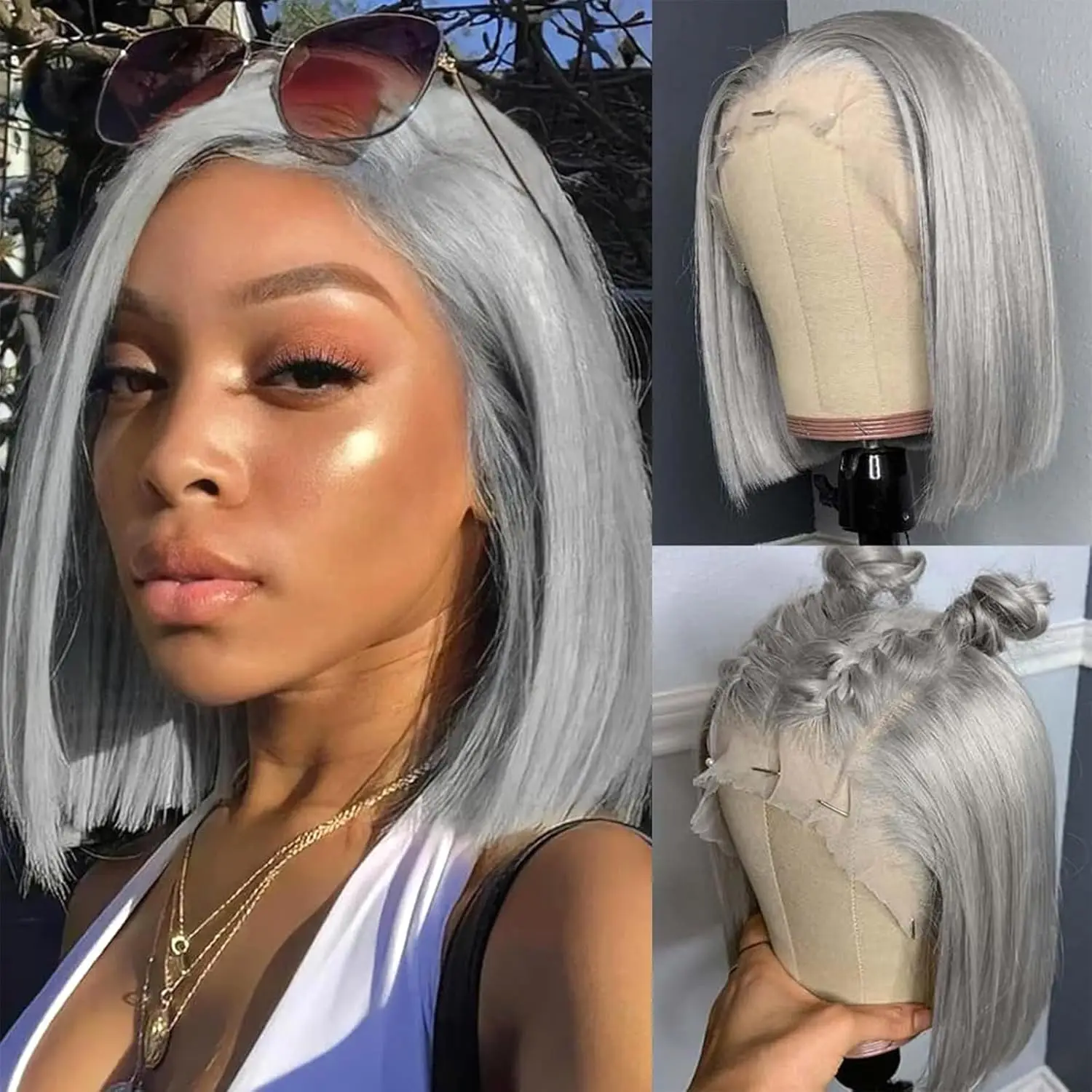 Hair Color: Grey, Stretched Length: 12inches, Density: 200% - Grey Straight Short Bob Wig Human Hair 13x4 Lace Front Frontal Wig 200 Density Sliver Gray Bob Lace Front Human Hair Wigs