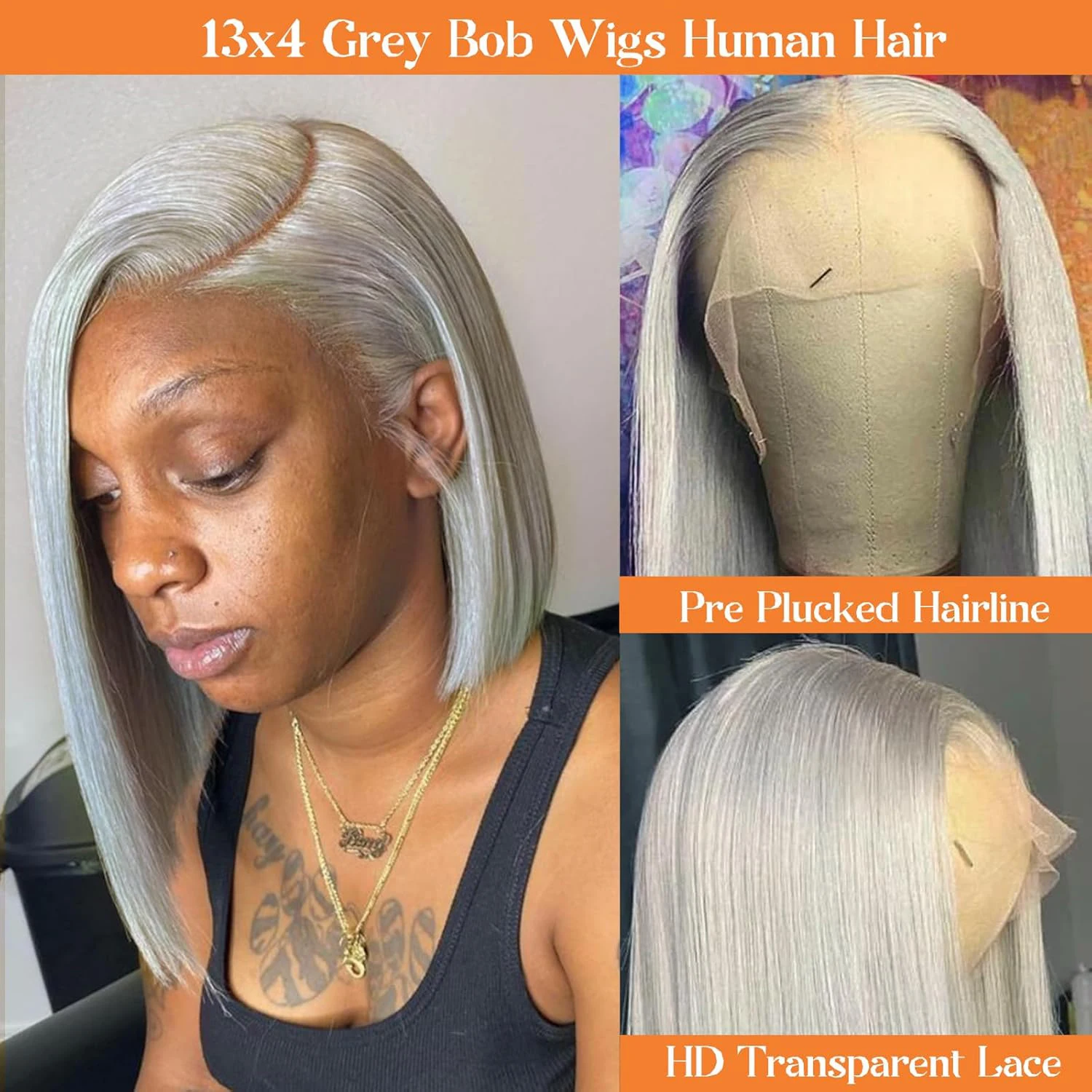 Hair Color: Grey, Stretched Length: 12inches, Density: 200% - Grey Straight Short Bob Wig Human Hair 13x4 Lace Front Frontal Wig 200 Density Sliver Gray Bob Lace Front Human Hair Wigs