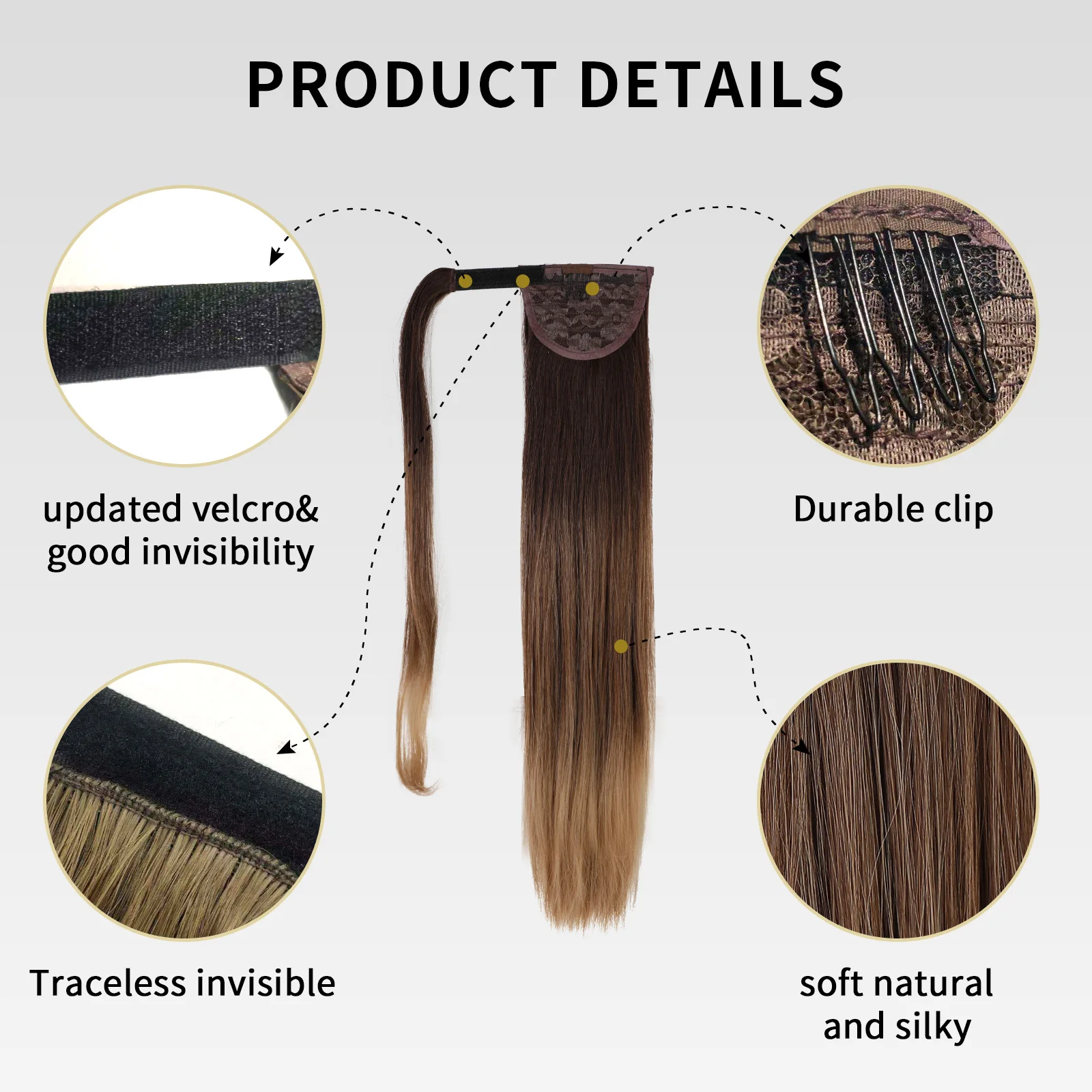 Color: 1B/30HL - Synthetic Hair Chip-in Hair Extension Pony Tail Wig Heat-Resistant Straight Hair With Ponytail Wig 20Inch Long Black Brown Ombr3
