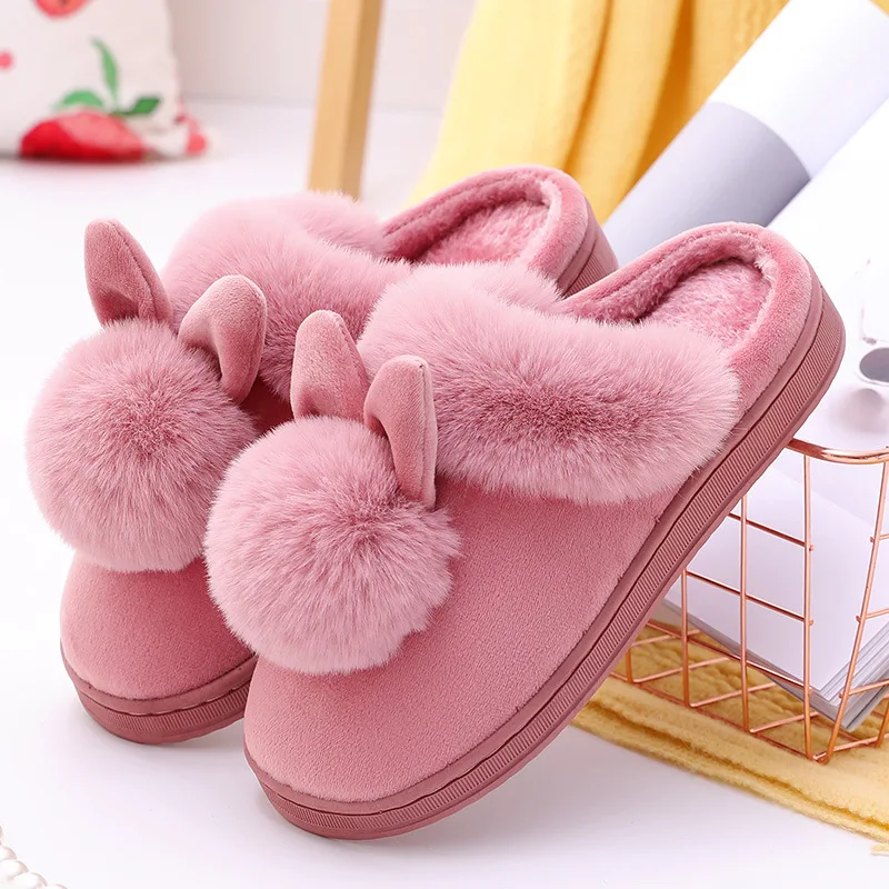 Color: GRAY, Shoe Size: 33.5 - 2023 Autumn Winter Women Men Cotton Slippers Rabbit Ear Home Indoor Home Slides Warm Shoes Women'S Cute Plus Plush Slippers