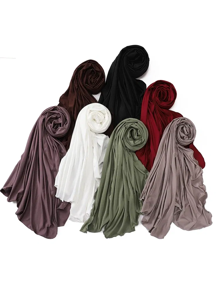 Color: Rust Red - Luxury Wavy Edge Jersey Hijab for Women Solid Color Milk Silk Scarf Headscarf Autumn Shawl Stretchy Chiffon Scarf Ramanda