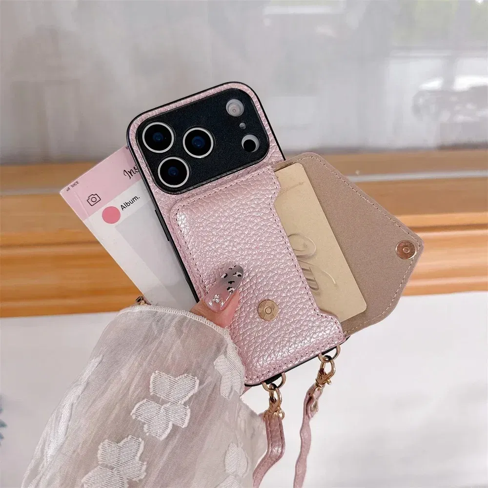 Material: Vinyl, Color: Brown - Crossbody wallet card holder phone case For iPhone 17Air 16, 15, 14, 13, 12, 11 Pro Max, XR with lanyard protective cover