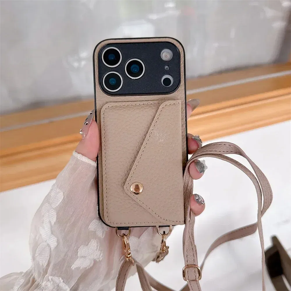 Material: Vinyl, Color: Brown - Crossbody wallet card holder phone case For iPhone 17Air 16, 15, 14, 13, 12, 11 Pro Max, XR with lanyard protective cover