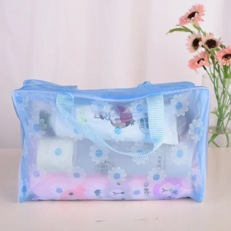Color: Blue - Floral PVC Transparent Cosmetic Bag Clear Makeup Bag for Women Girl Waterproof Zipper Beauty Case Travel Toiletry Bags Handbag