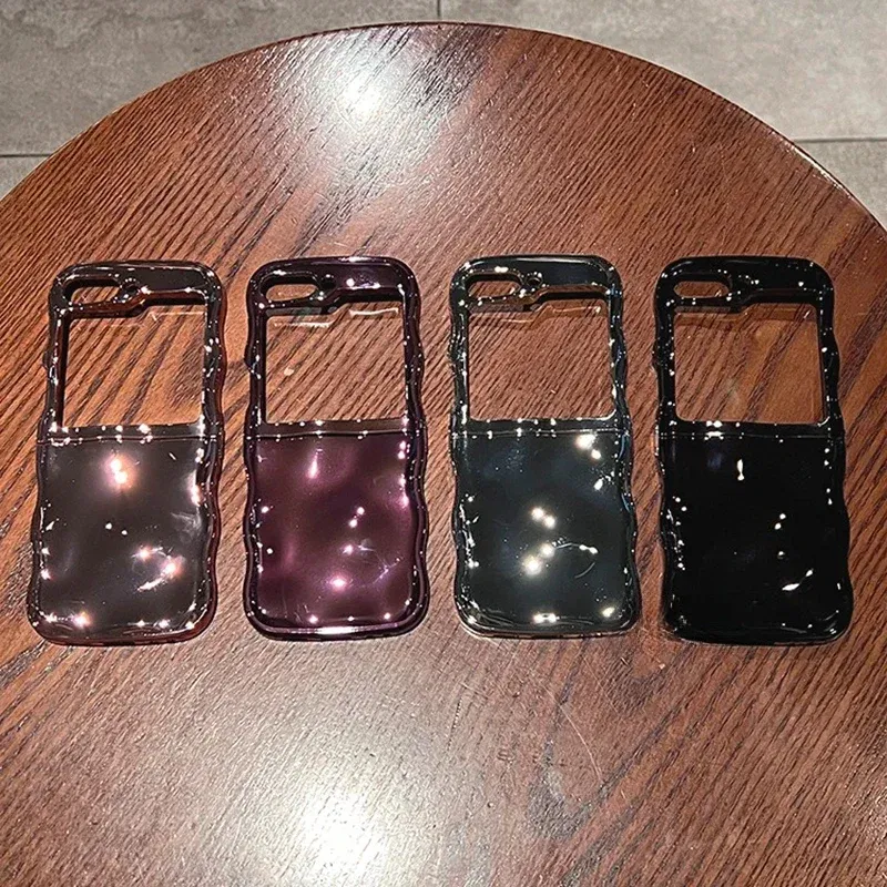 Color: Beige, Material: ABS - Cartoon Stone Pattern Gloss Wave Case for Samsung Galaxy Z Flip 6 5 flip6 Plating Meteorite Soft TPU Shockproof Ins Korean Cover