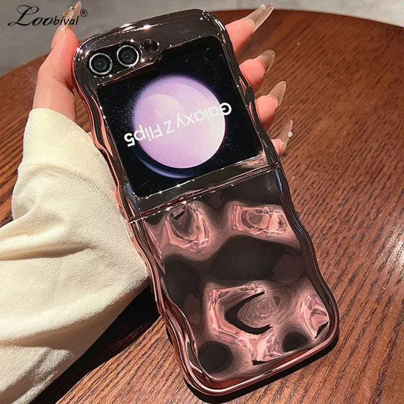 Color: Beige, Material: ABS - Cartoon Stone Pattern Gloss Wave Case for Samsung Galaxy Z Flip 6 5 flip6 Plating Meteorite Soft TPU Shockproof Ins Korean Cover