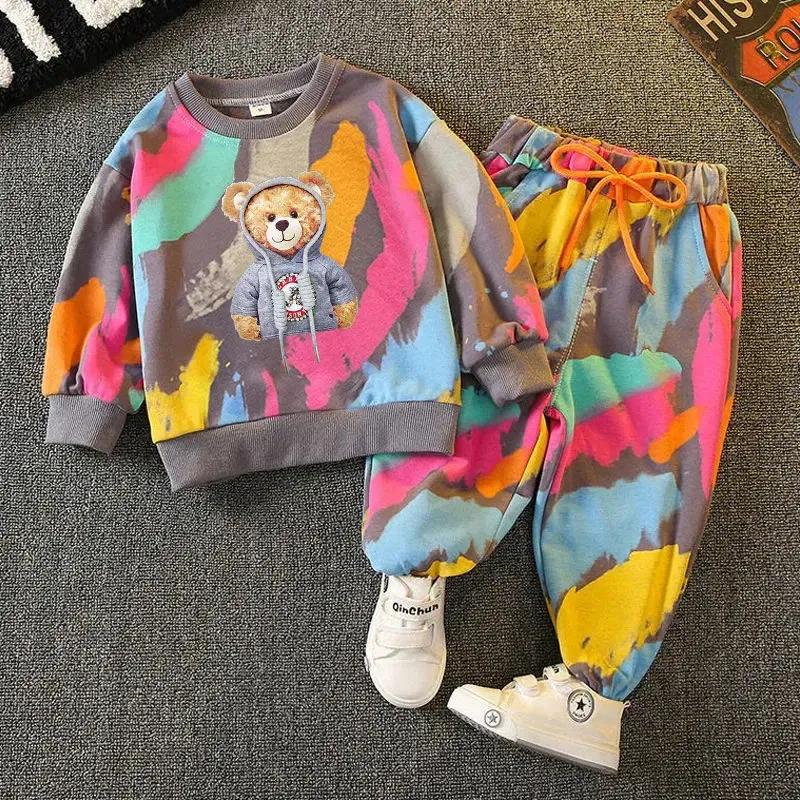 Color: Orange, Kid Size: 8, Ships From: CHINA - Spring Toddle Baby Clothes Set Fashion Graffiti Sweater and Pant Outfit Children Boy Girl Cartoon Bear Top and Bottom Tracksuit
